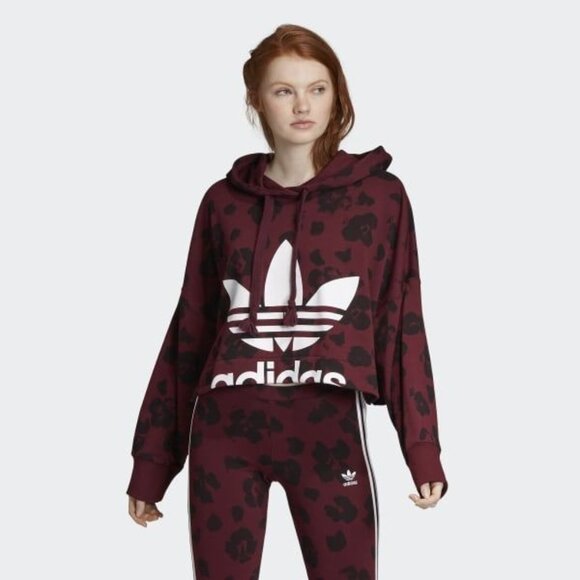 Adidas Originals Bellista Women's Cropped Burgundy Leopard Print Hoodie Small - Picture 6 of 10
